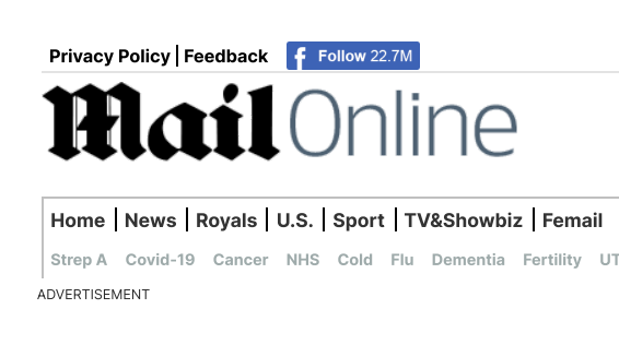 Website header for mail online featuring navigation tabs for home, news, royals, u.s., sport, tv&showbiz, and femail, with social media follow button and several topic keywords including strep a, covid-19, cancer, nhs, cold, flu, dementia, and fertility below.